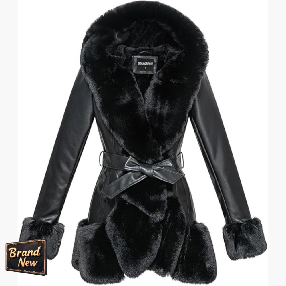 Faux Leather Coat With Faux Fur Collar, Belted Mid Length Hooded Jacket